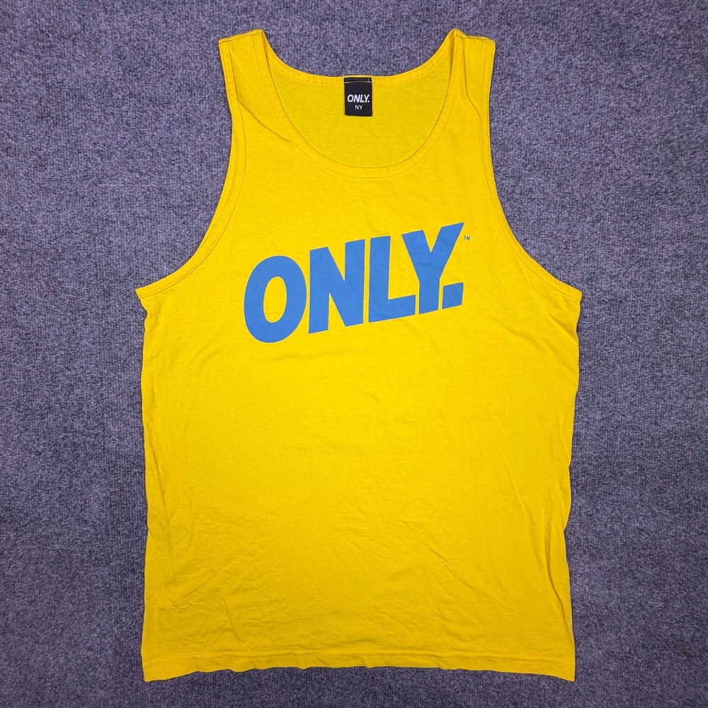 Only NY Mens Yellow Blue Logo Graphic Tank Top Size Large Made in USA Cotton